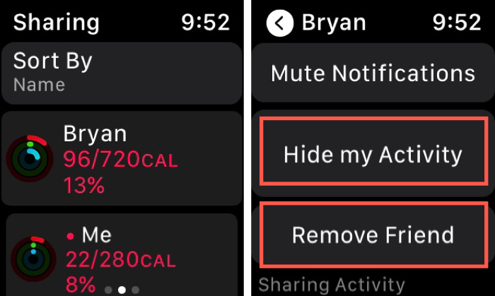 Ocultar actividad y eliminar amigo en Apple Watch