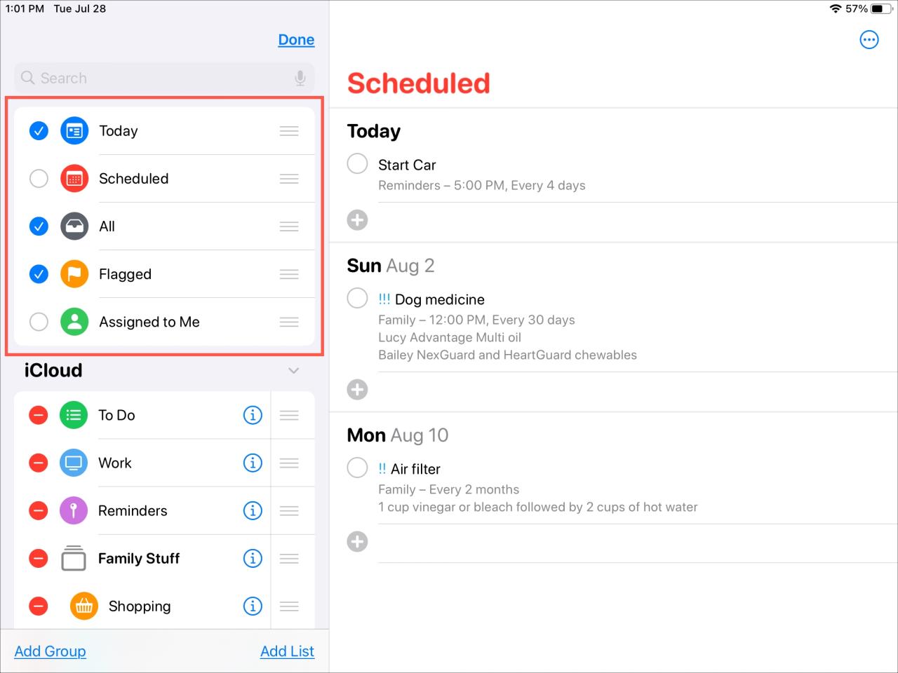 Ocultar Mostrar listas inteligentes en Recordatorios iPad