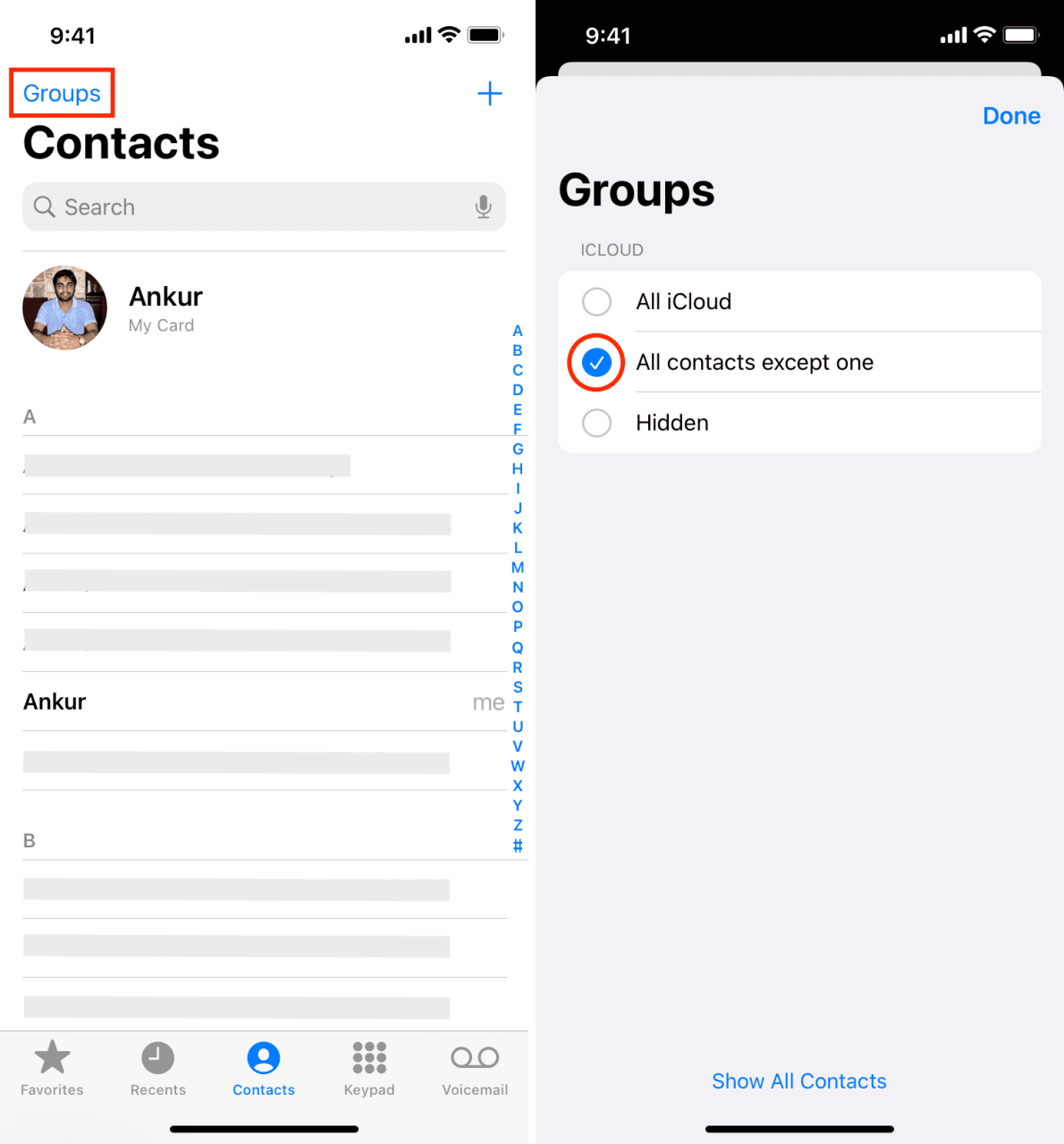 Ocultar contactos ocultando grupos de contactos en iPhone