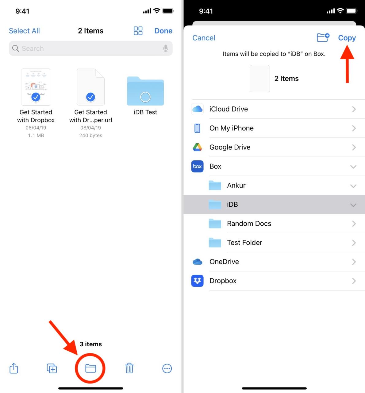 Cómo copiar archivos de una ubicación a otra en la aplicación iPhone iPad Files
