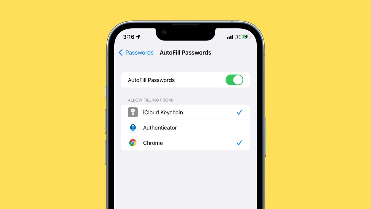 Pantalla de autocompletar contraseña de iPhone que muestra Google Chrome y iCloud Keychain sobre un fondo amarillo