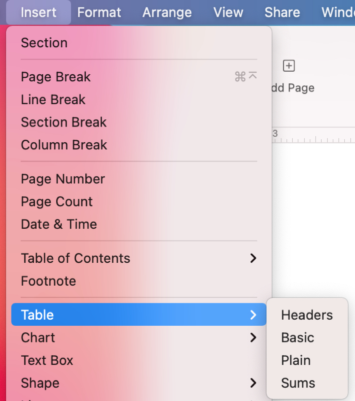 Insertar una tabla desde la barra de menú en Pages en Mac