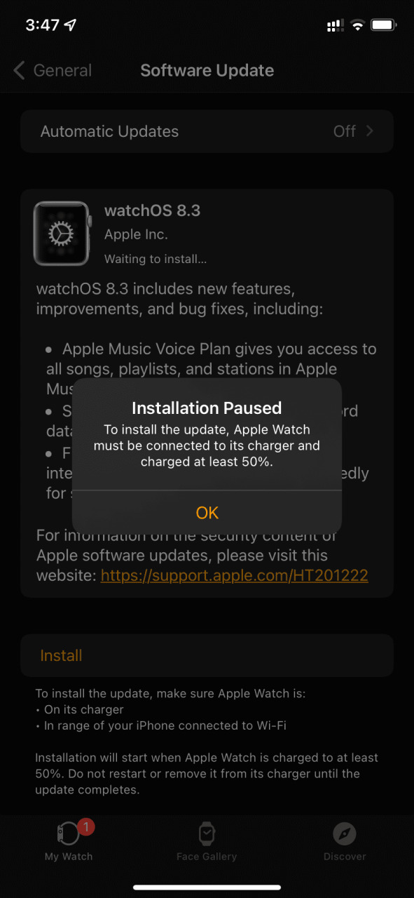 Instalación en pausa en Apple Watch