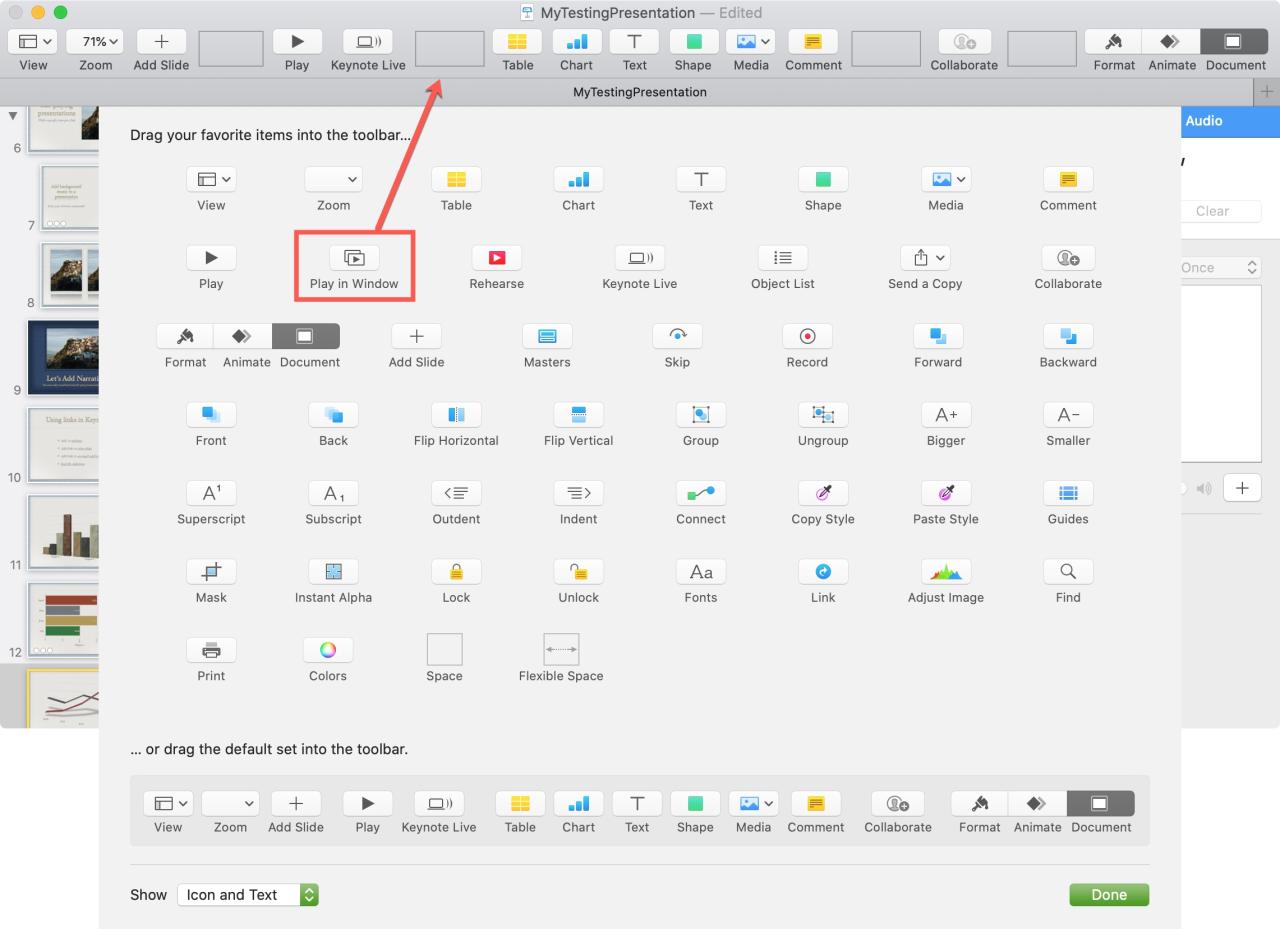 Keynote Mac agrega el botón Reproducir en la ventana a la barra de herramientas