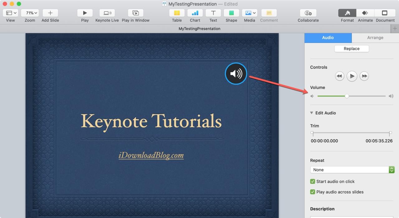 Keynote Mac Ajustar volumen de audio