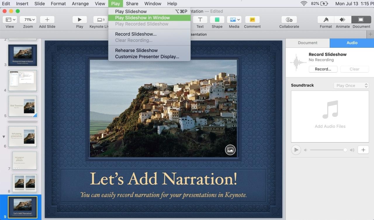 Keynote Mac Reproducir presentación de diapositivas en la ventana