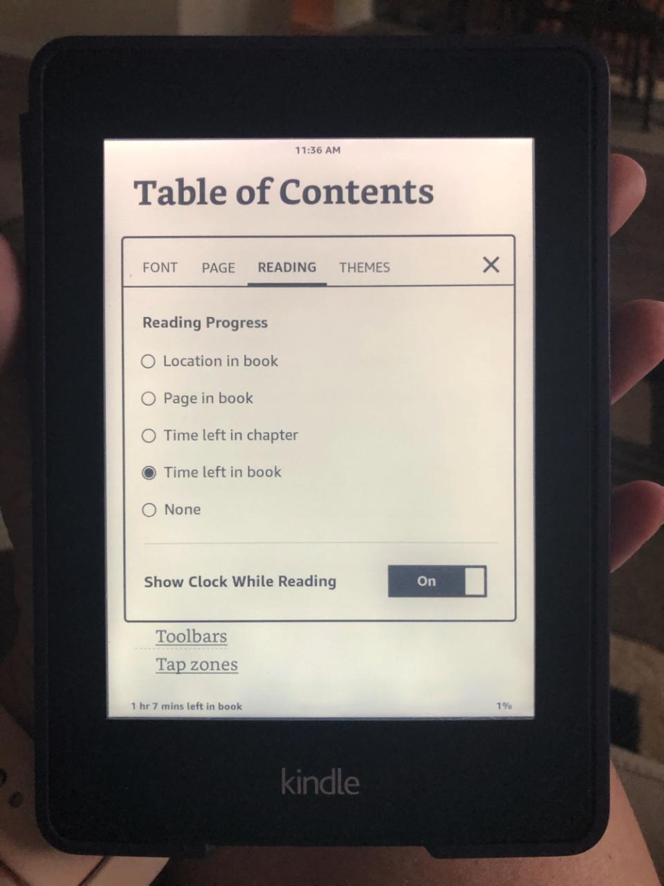 Opciones de progreso de lectura y reloj de Kindle
