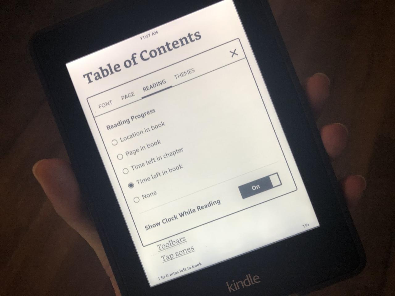 Kindle Seleccione el progreso de lectura y habilite el reloj