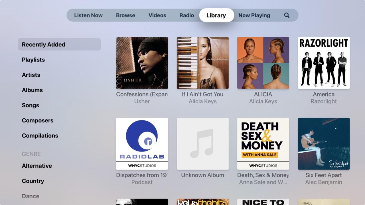 Biblioteca en Música en Apple TV