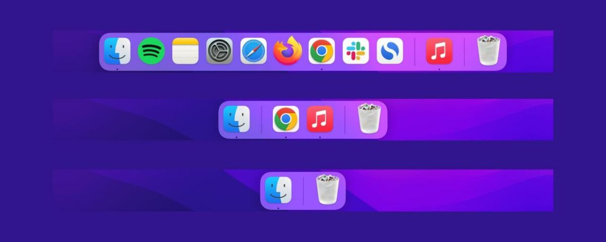 Mac Dock en tres tamaños: la primera imagen muestra todas las aplicaciones, la segunda muestra solo las aplicaciones abiertas y la última muestra solo los íconos Finder y Trash