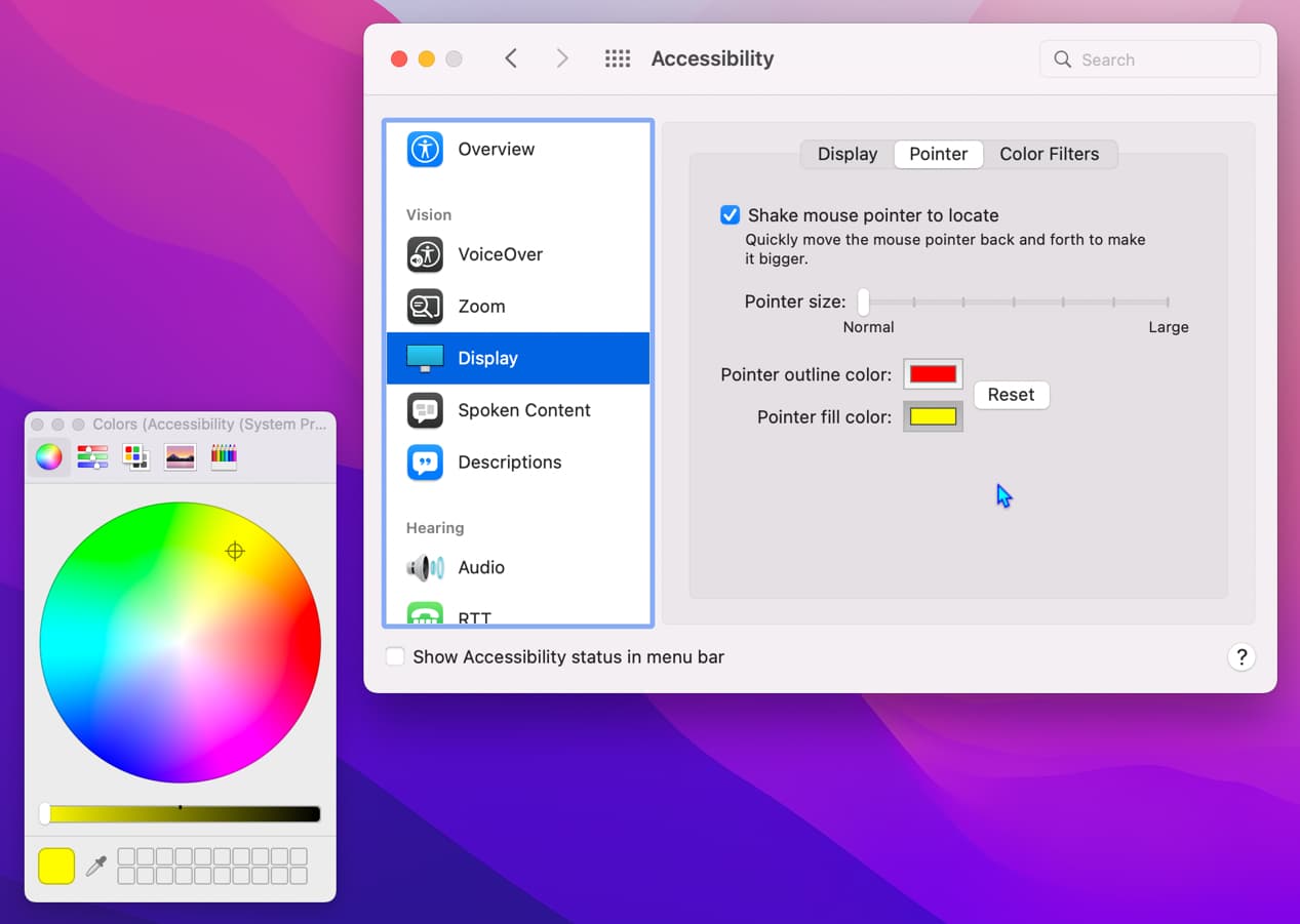 Configuración de color del puntero de Mac
