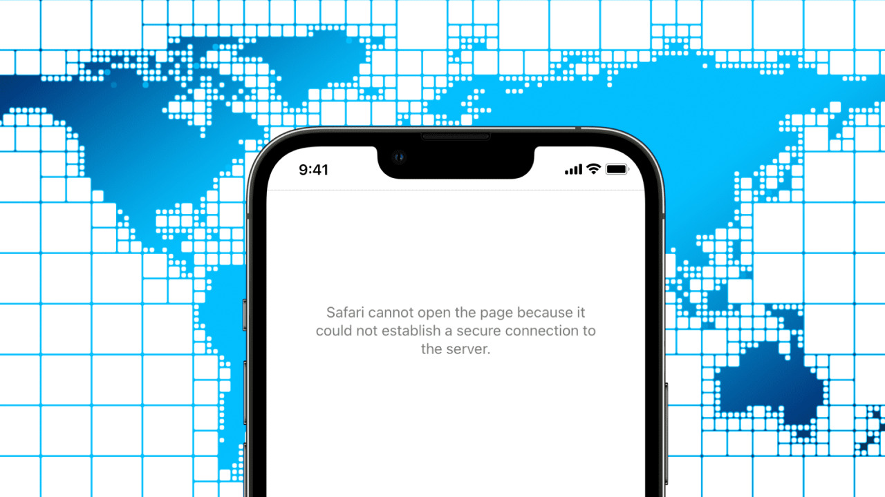 Mapa del mundo con un iPhone al frente que muestra un sitio web restringido que no se pudo cargar