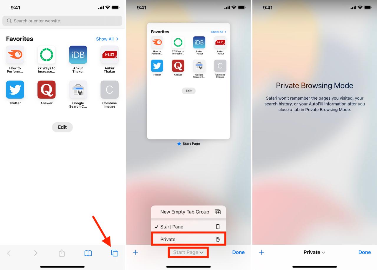 Abra la Navegación privada en iOS 17 Safari manteniendo presionado el ícono de Grupos de pestañas