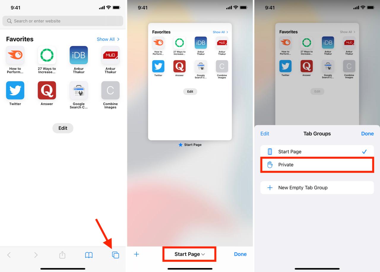 Abra la pestaña Safari privado desde la sección Grupos de pestañas de iOS 17