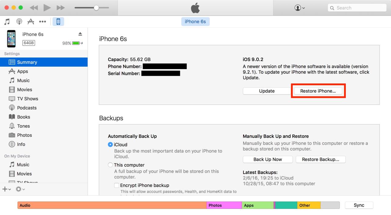 Opción para restaurar iPhone en iTunes
