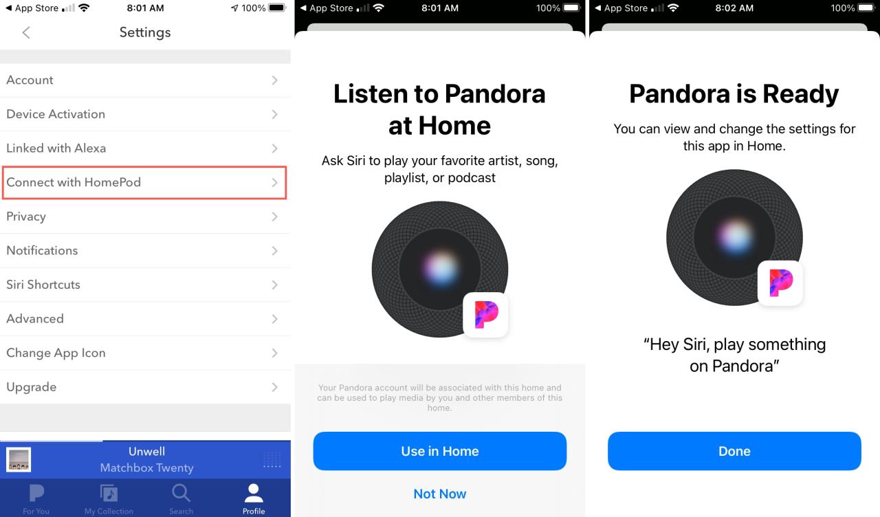 Aplicación Pandora Conectar con HomePod