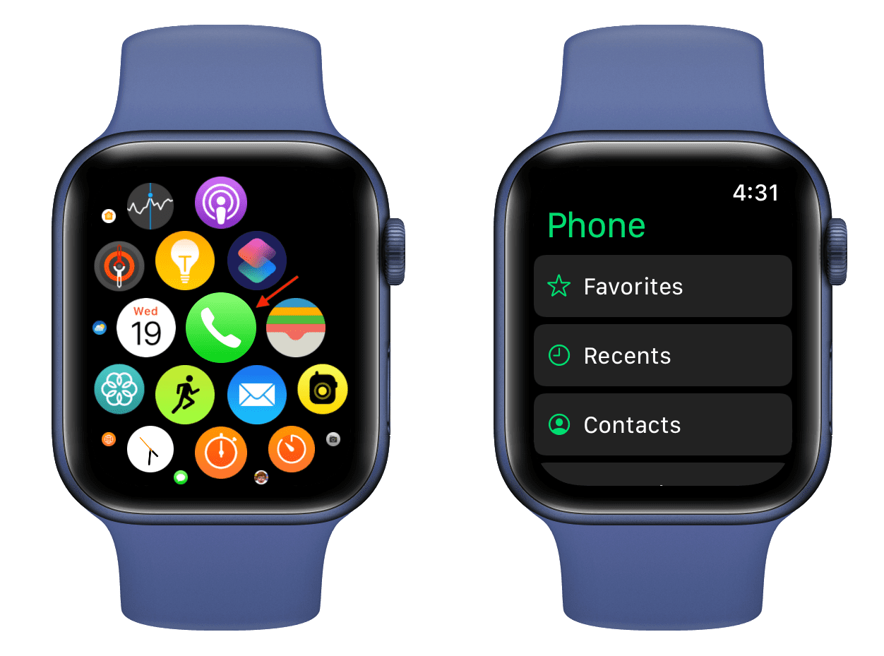 Aplicación de teléfono en Apple Watch para hacer llamadas de audio FaceTime