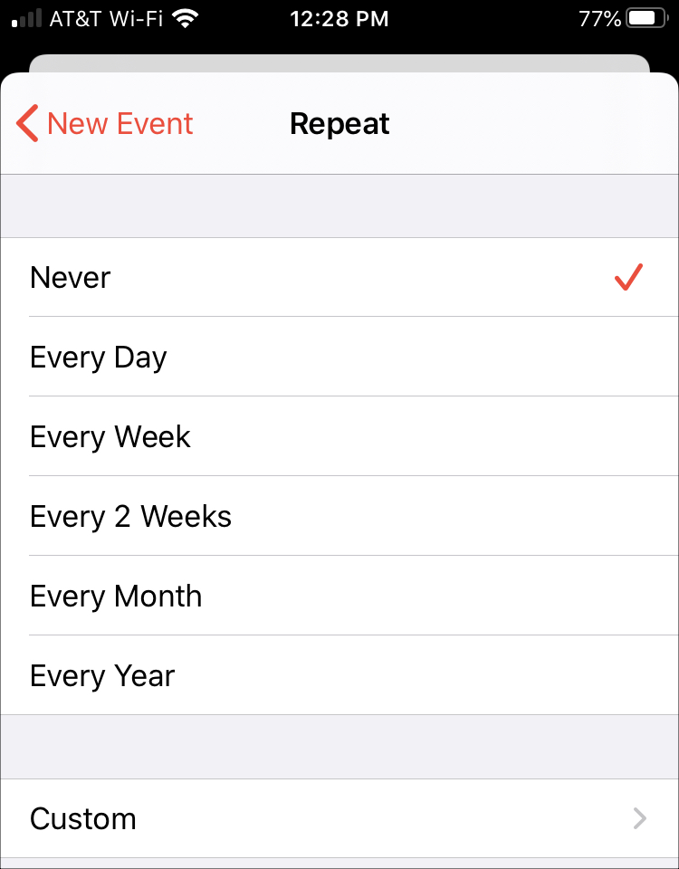 Calendario de eventos de repetición rápida iPhone