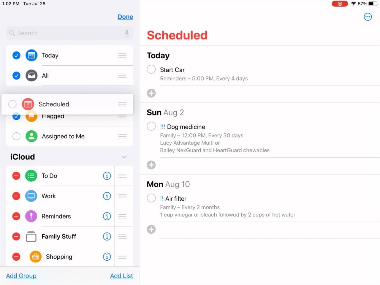 Reorganizar listas inteligentes en Recordatorios iPad
