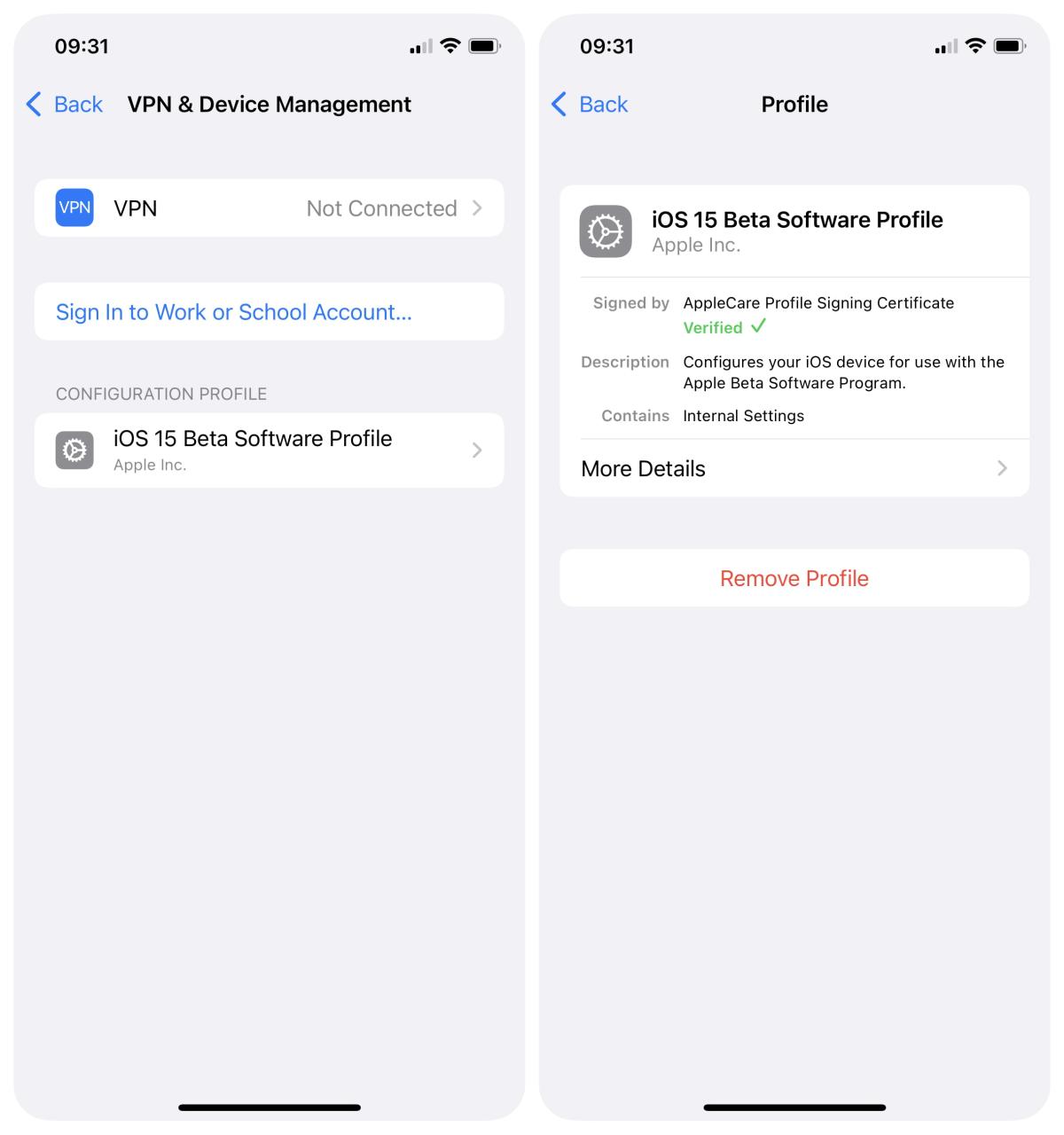 Eliminar el perfil beta de iOS 17