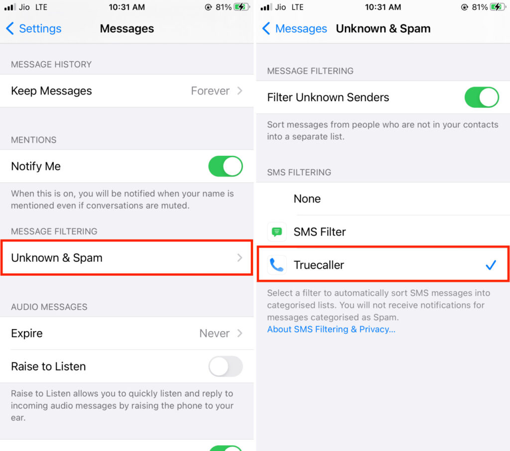 Filtrado de SMS a través de Truecaller en iPhone