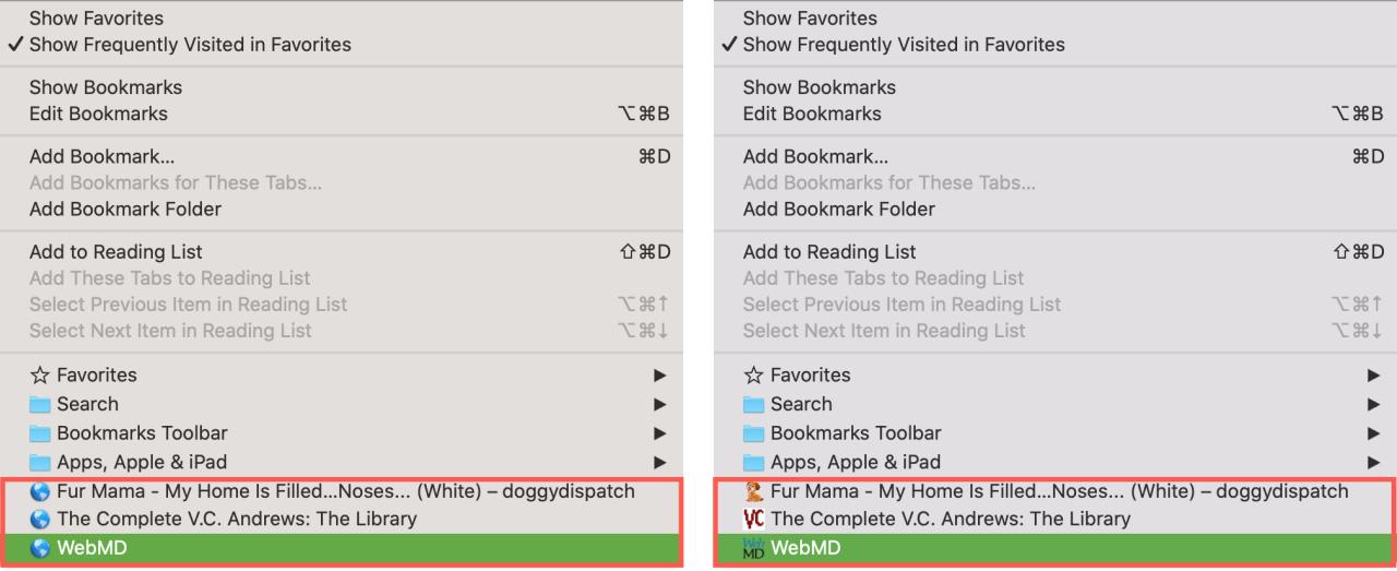 Marcadores de Safari con y sin Favicons