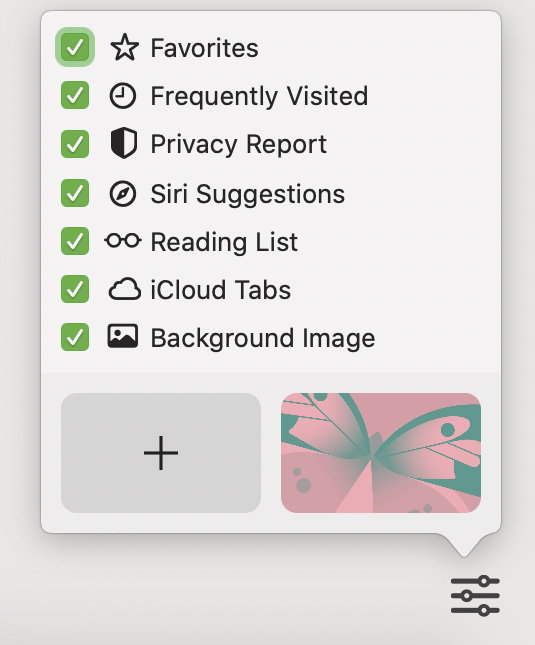 Lista de secciones de la página de inicio de Safari