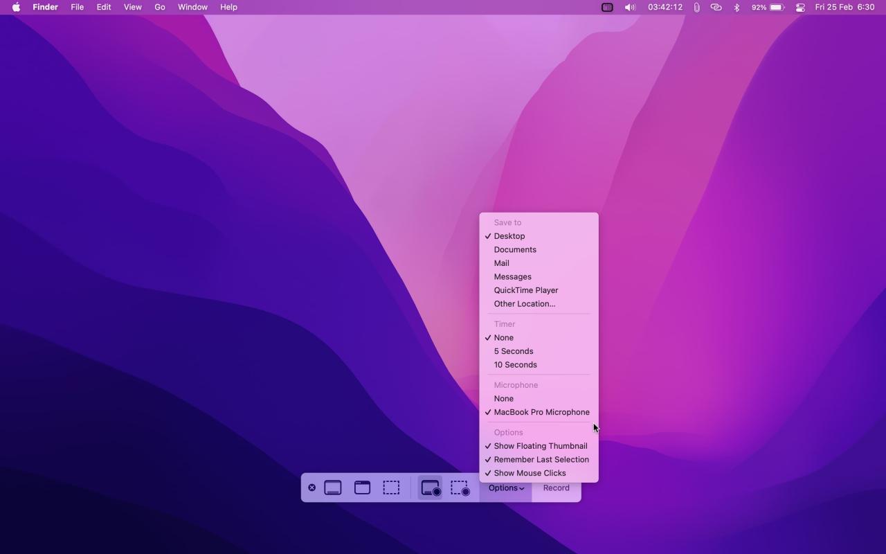 Opciones de grabación de pantalla en Mac