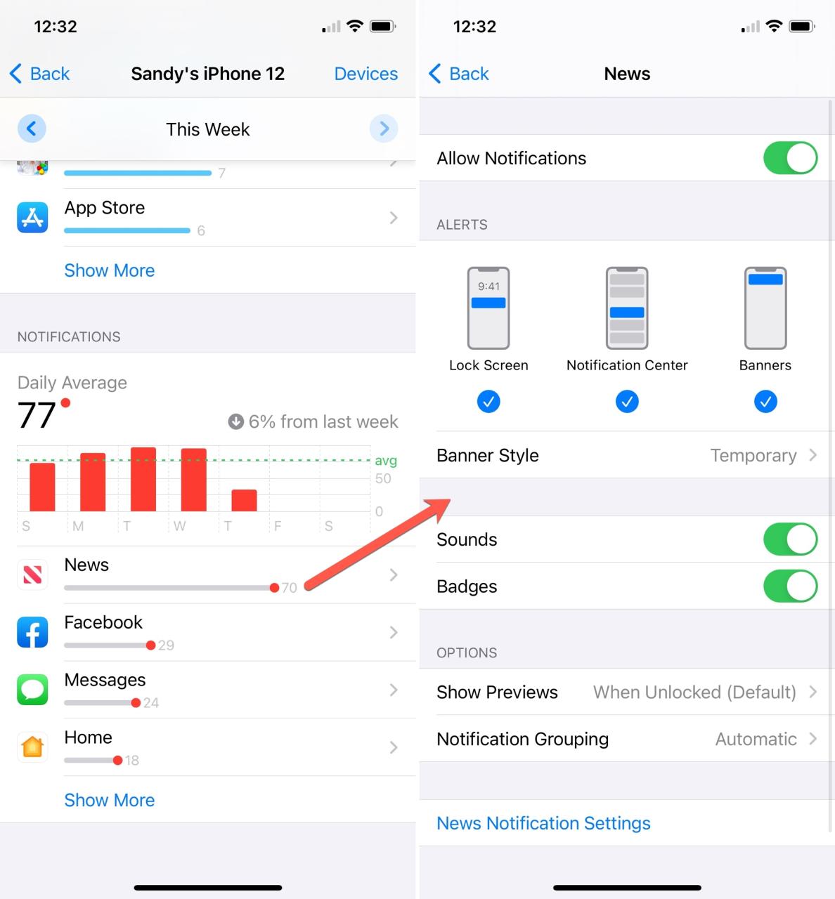 Tiempo de pantalla en iPhone, Cambiar notificaciones