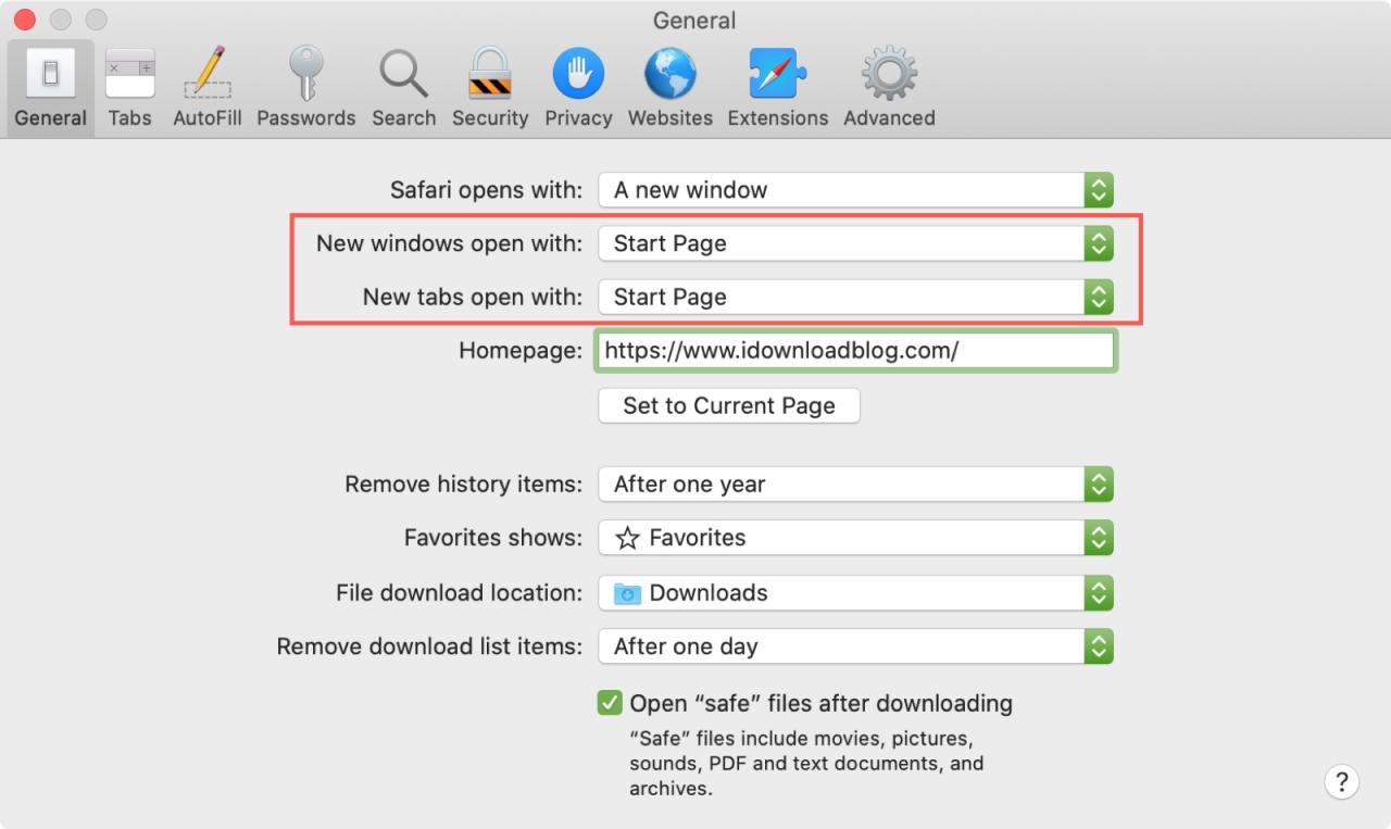 Configure su página de inicio de Safari Nuevas pestañas y ventanas