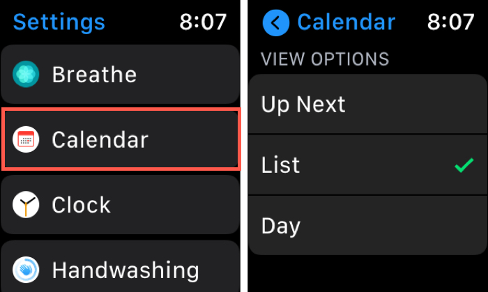 Ajustes Calendario Apple Watch Lista de toques