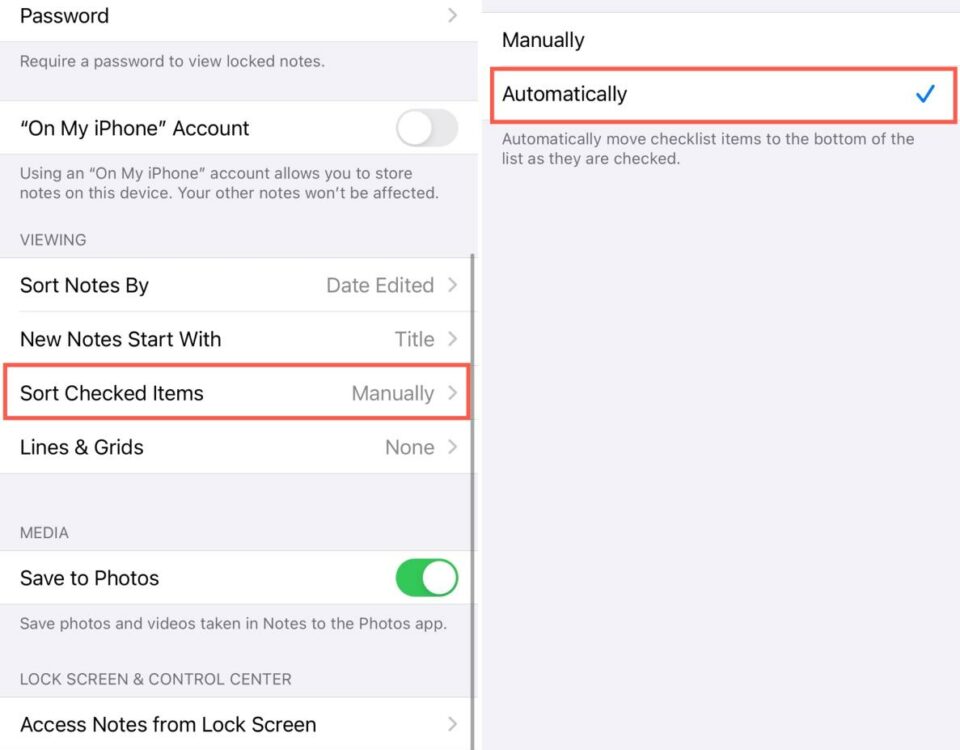 Configuración, notas, ordenar elementos marcados en iPhone
