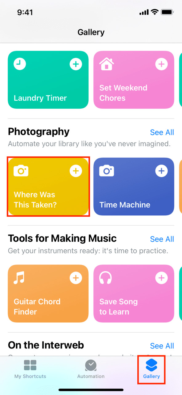 Galería de accesos directos en iPhone
