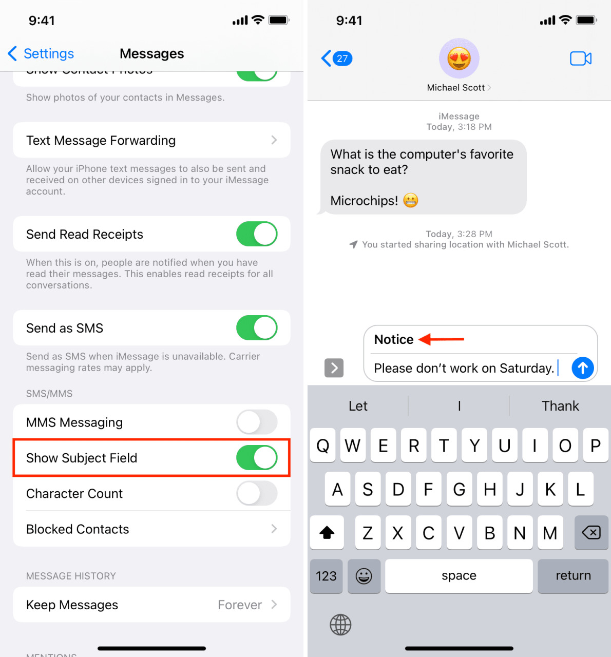 Mostrar campo de asunto para escribir iMessage en negrita