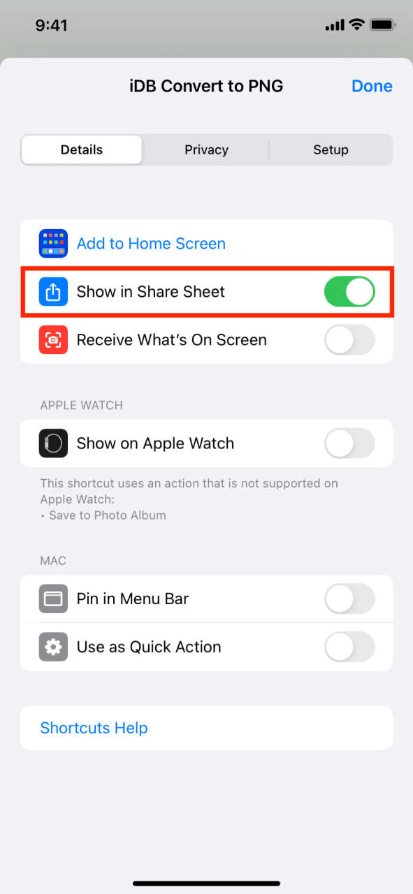 Mostrar en Compartir hoja para un atajo en iPhone