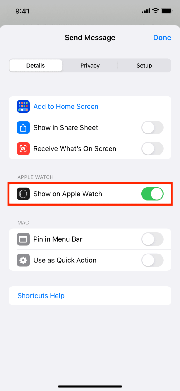 Mostrar en los accesos directos de Apple Watch