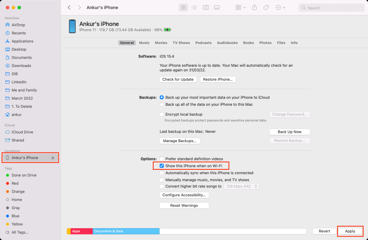 Mostrar este iPhone cuando esté conectado a Wi-Fi en Finder en Mac
