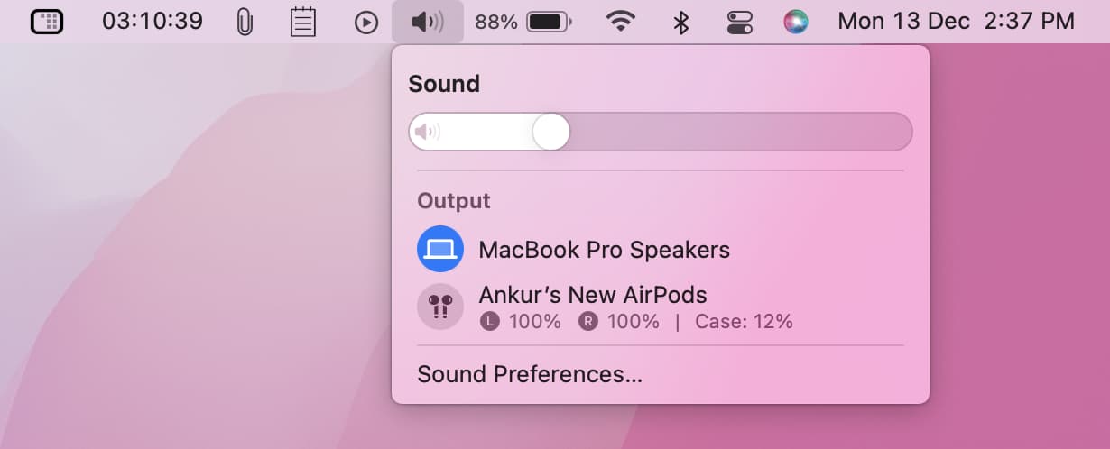 Icono de sonido en la barra de menú de Mac