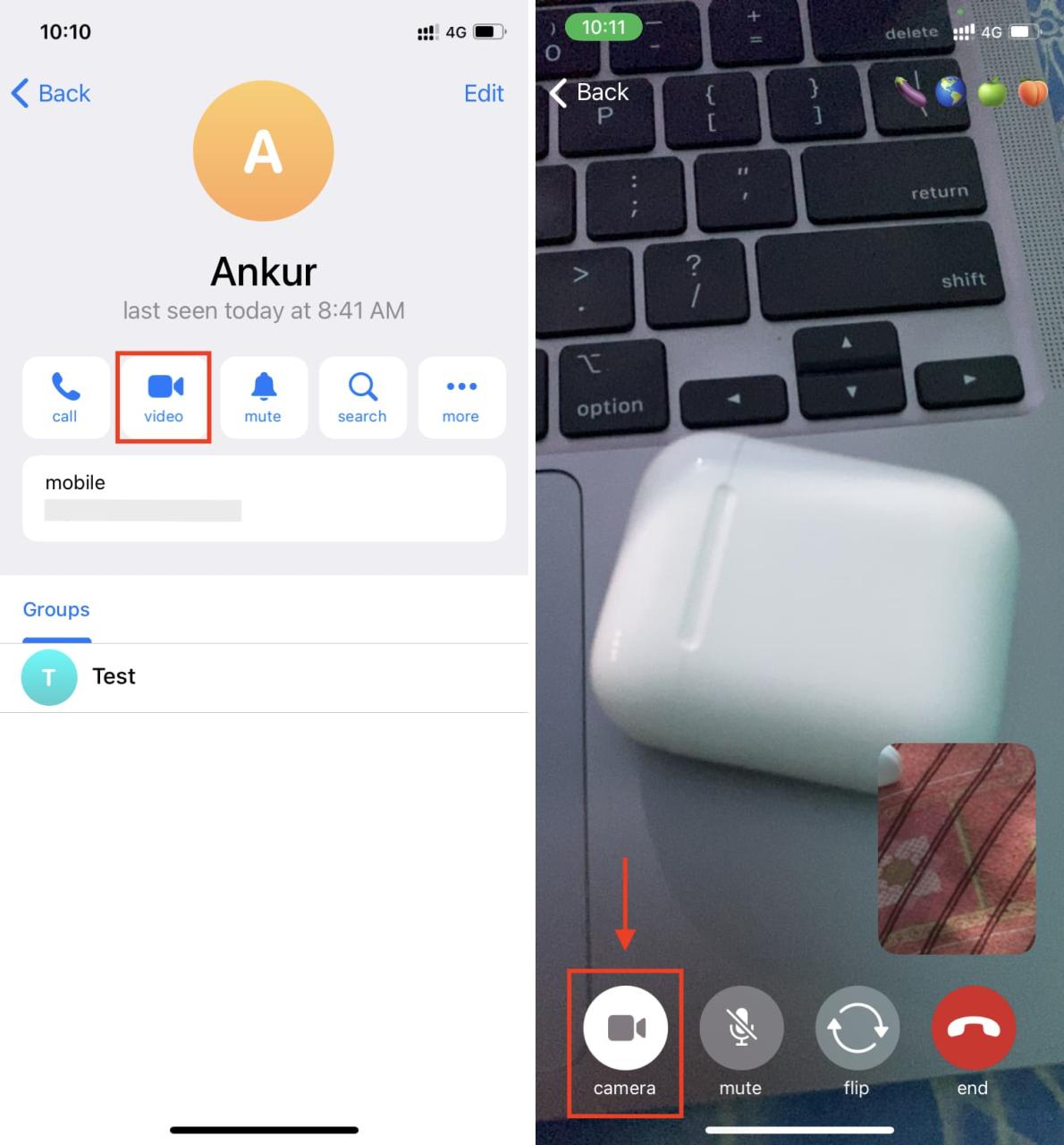 Inicie la videollamada de Telegram y toque la cámara