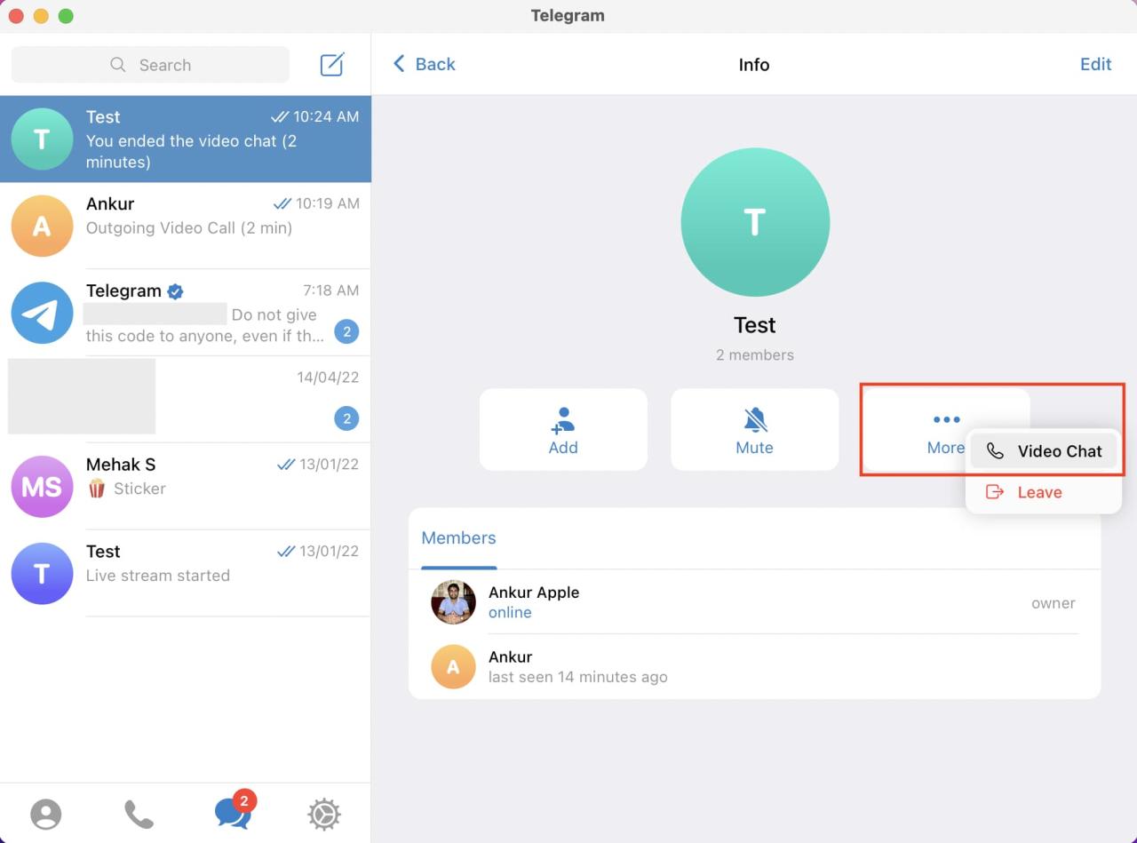 Iniciar videollamadas grupales en Telegram para Mac