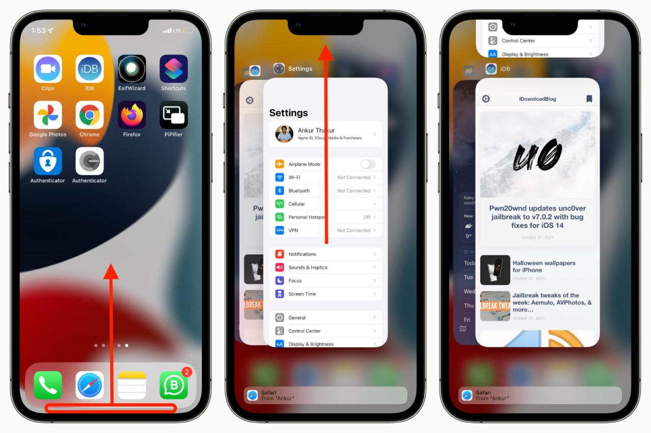 Pasos que muestran cómo forzar el cierre de aplicaciones en iPhone con Face ID