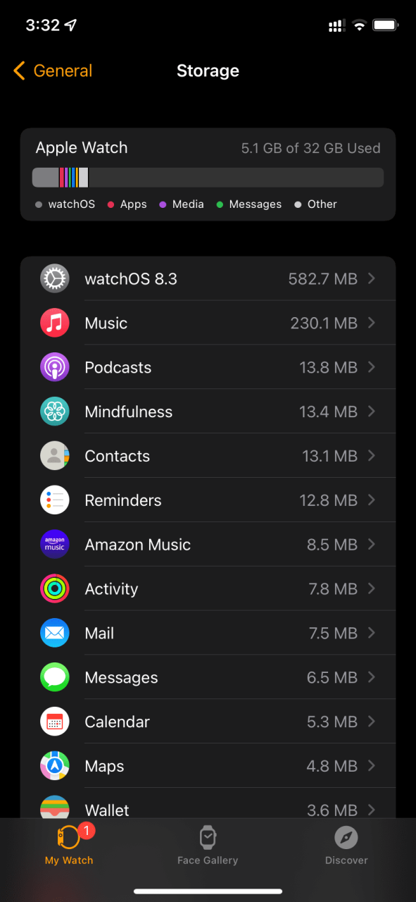 Configuración de almacenamiento en Apple Watch