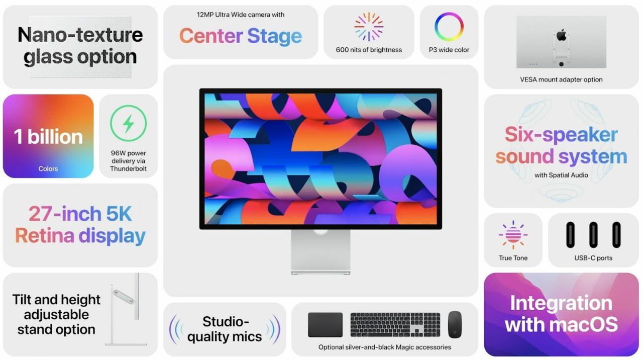 Imagen de marketing que muestra las funciones clave del monitor Studio Display de Apple