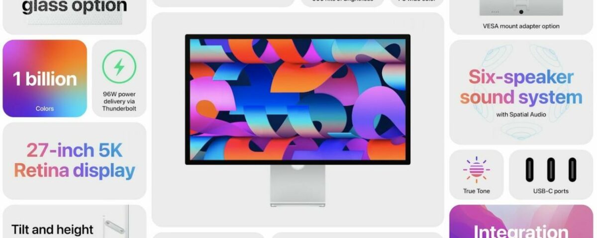 Imagen de marketing que muestra las funciones clave del monitor Studio Display de Apple