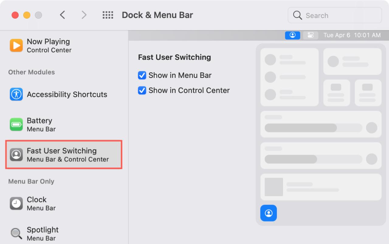 Cambio rápido de usuario en el Dock y la barra de menús