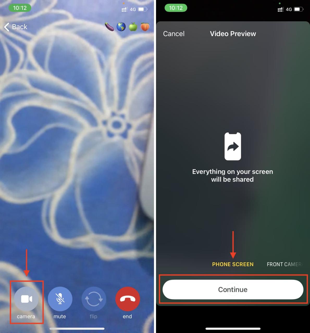 Toque la cámara y vaya a la pantalla del teléfono y toque continuar