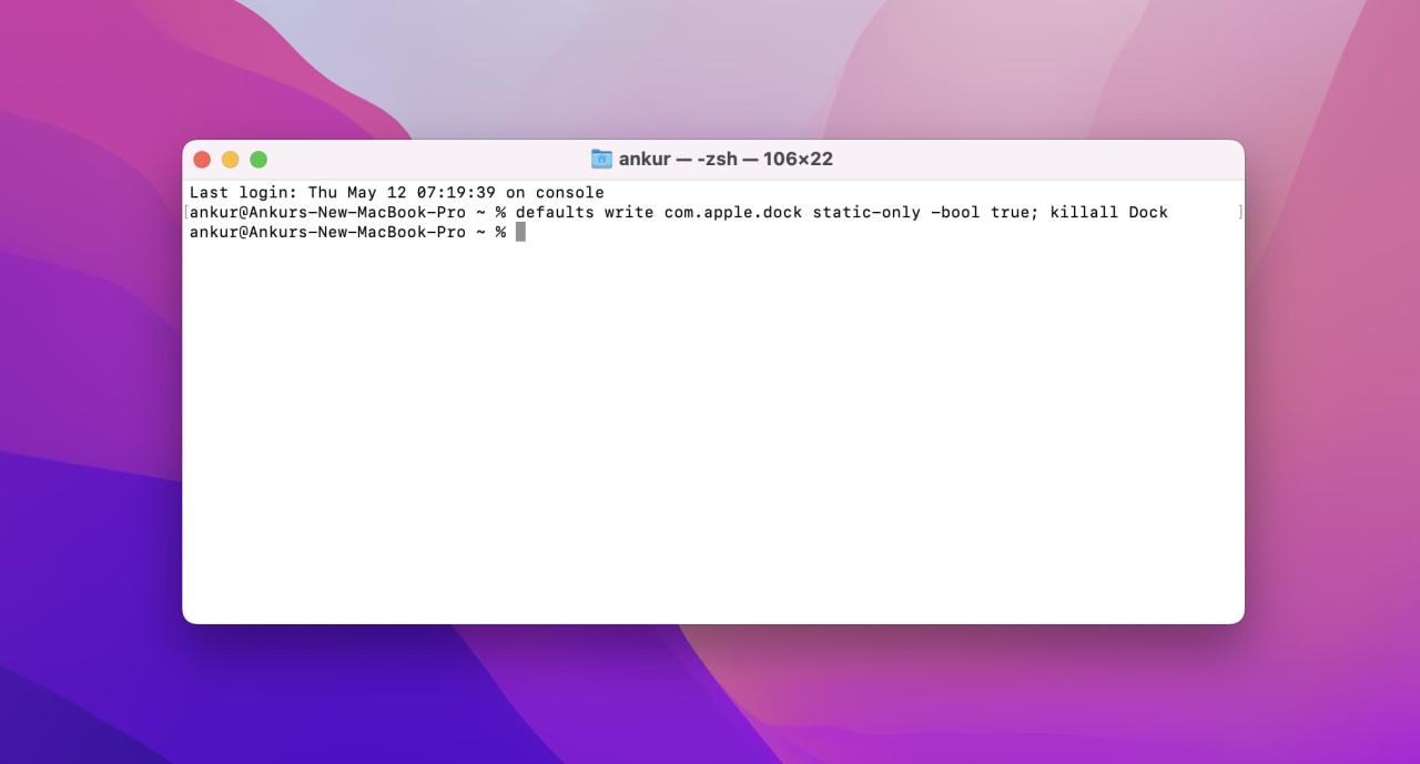 Comando de terminal para mostrar solo aplicaciones activas en Mac Dock