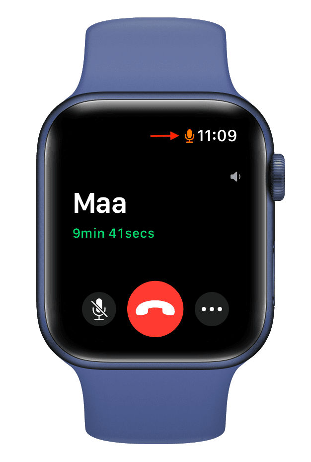 Ícono de tiempo y micrófono en la pantalla FaceTime de Apple Watch