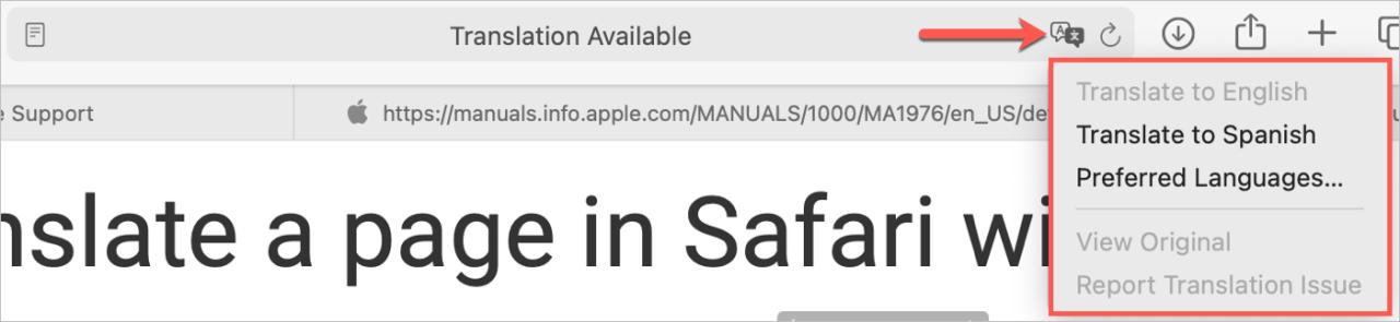 Traducir icono en la barra de direcciones de Safari en Mac