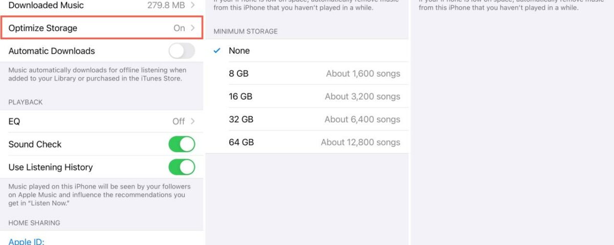 Desactivar Optimizar almacenamiento para música en iPhone